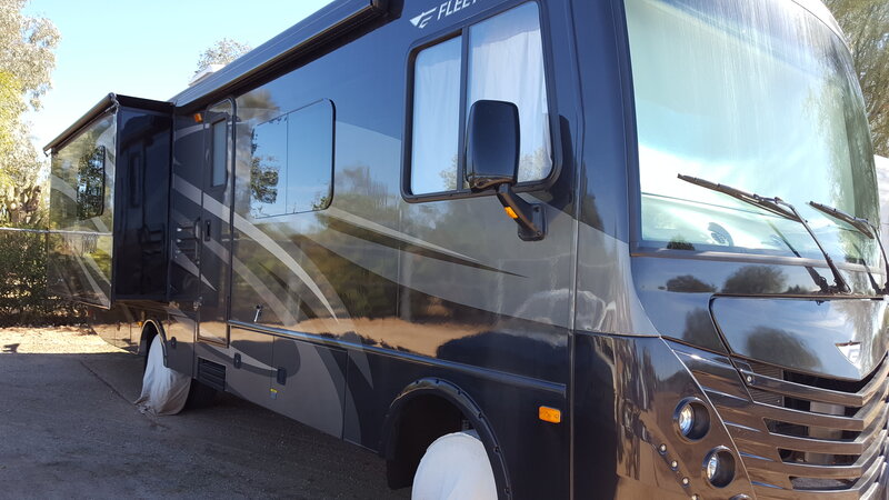 2017 Fleetwood Storm Class A motorhome, front quarter view in Arizona