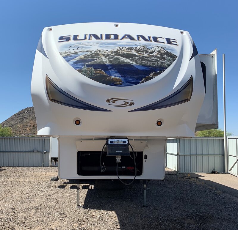 2019 Heartland Sundance fifth wheel, front view in the Arizona desert